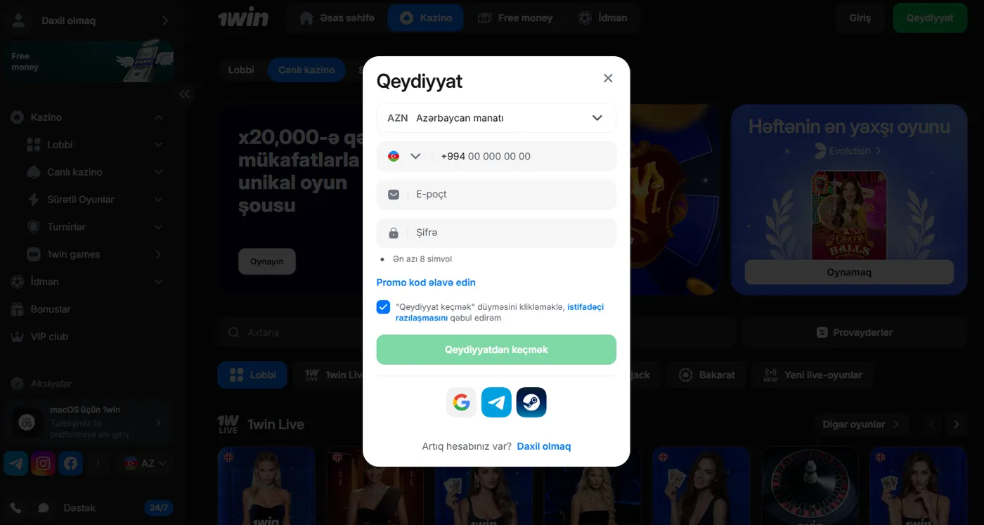 1win-də qeydiyyat prosesi